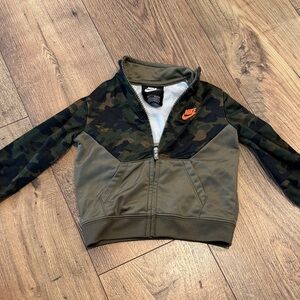 Nike Olive Green and Camo Kids Zip Jacket with Orange Swoosh